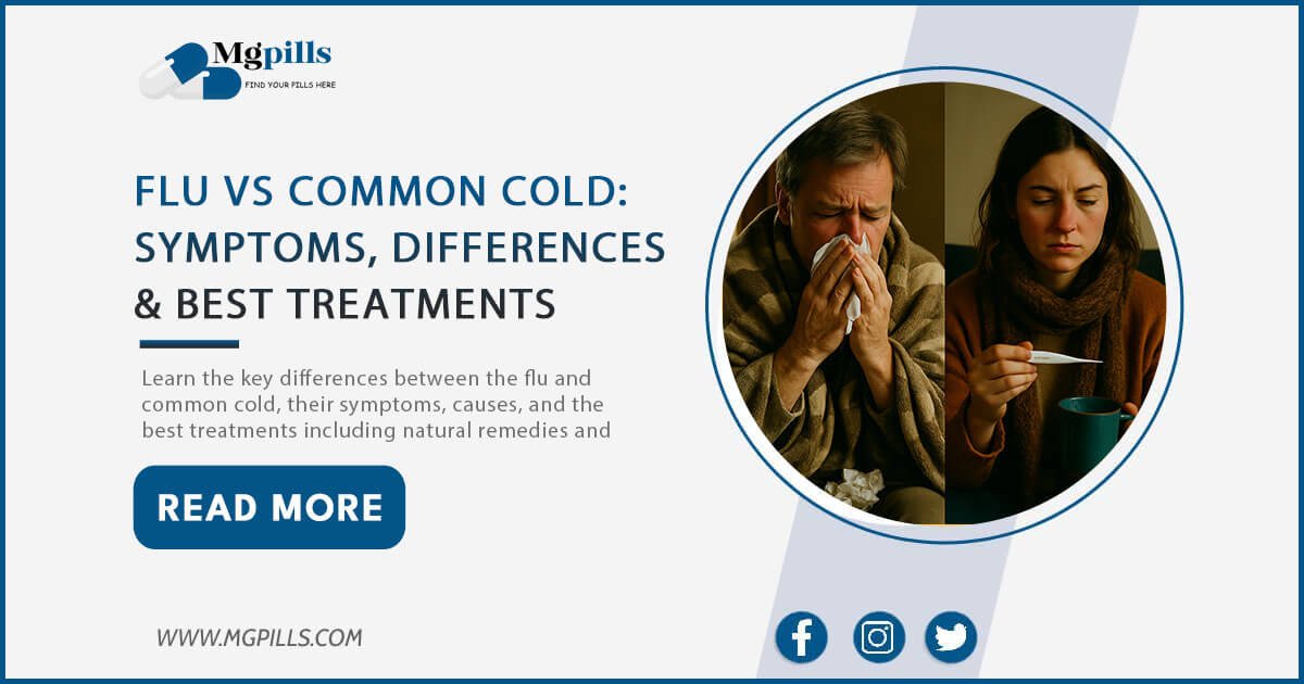Man experiencing Flu vs Common Cold symptoms sitting in bed with tissues and thermometer