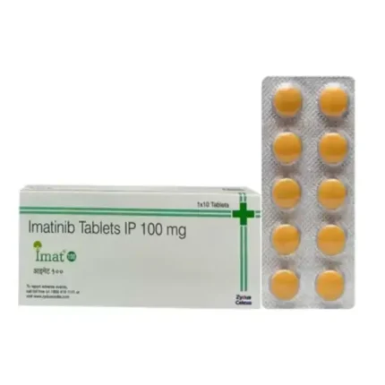 Imat 100 mg Tablet packaging showing Imatinib capsules for cancer treatment