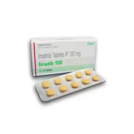 Imatib 100 mg Tablet (Imatinib) packaging and pills on white background
