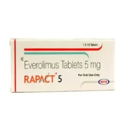 Rapact 5 mg Tablet Everolimus packaging and pills for cancer and organ transplant treatment